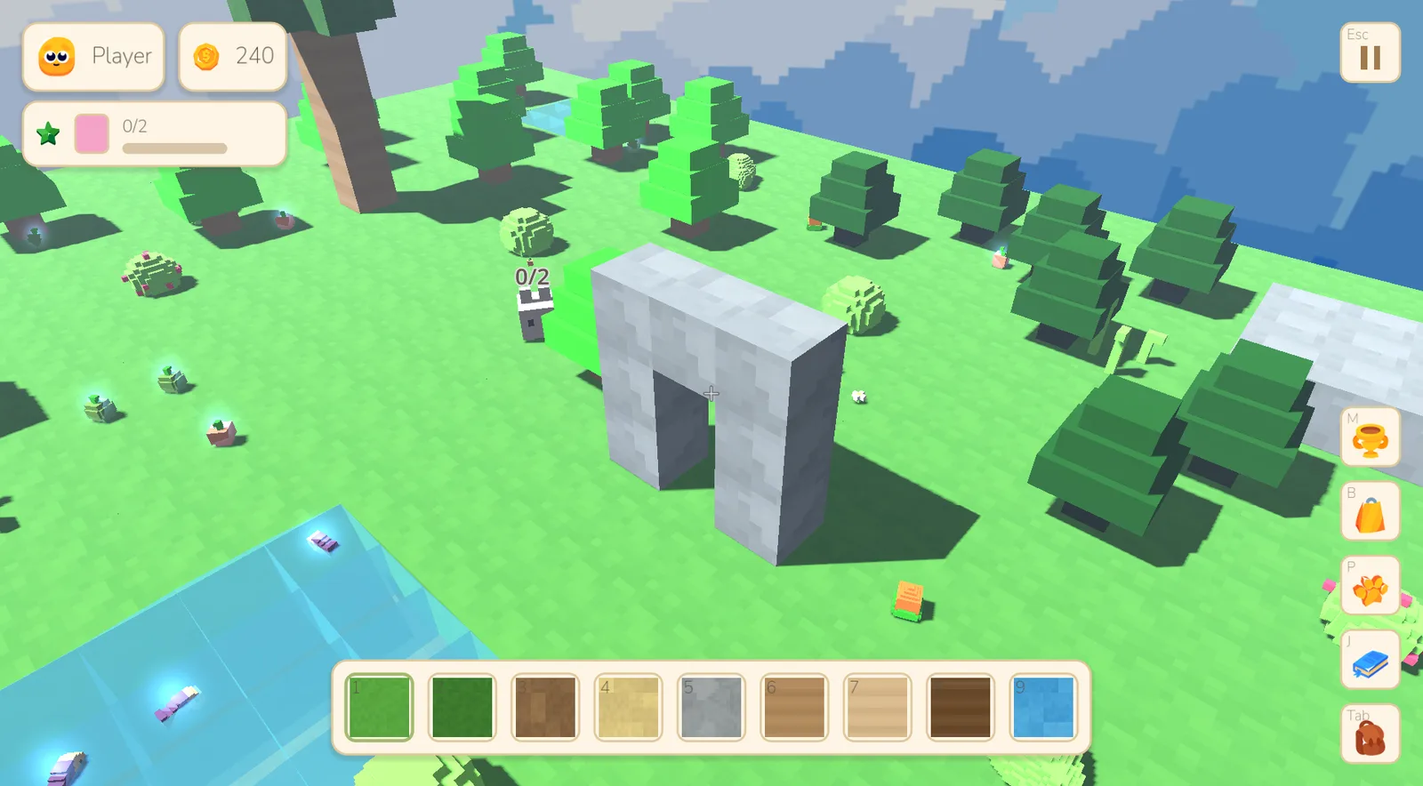 A stone arch built by the player on a green meadow, with a character showing a 0/2 counter nearby