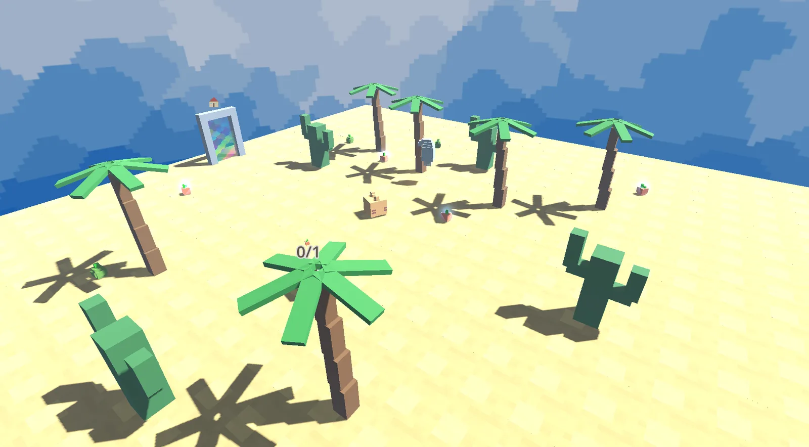 A sandy valley with palm trees and a counting quest marker